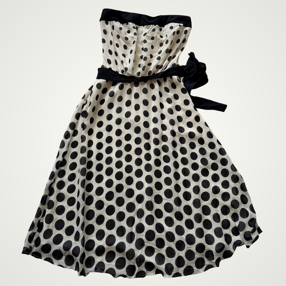 The Limited Retro Strapless Silk Polka Dot Dress Black Cream Bow 0/XS Vintage